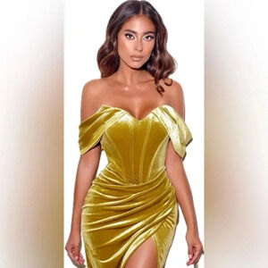 Miss Circle Omaria Gold Velvet Off Shoulder Corset Dress - Size L